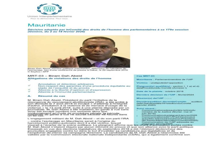Mauritanie : Décision adoptée par le Comité des droits de l’homme des parlementaires à sa 179e session (Genève, du 2 au 18 février 2026)