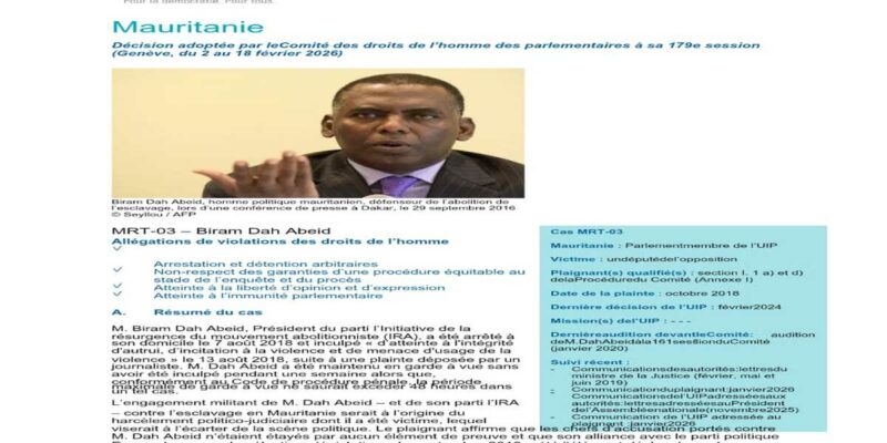 Mauritanie : Décision adoptée par le Comité des droits de l’homme des parlementaires à sa 179e session (Genève, du 2 au 18 février 2026)